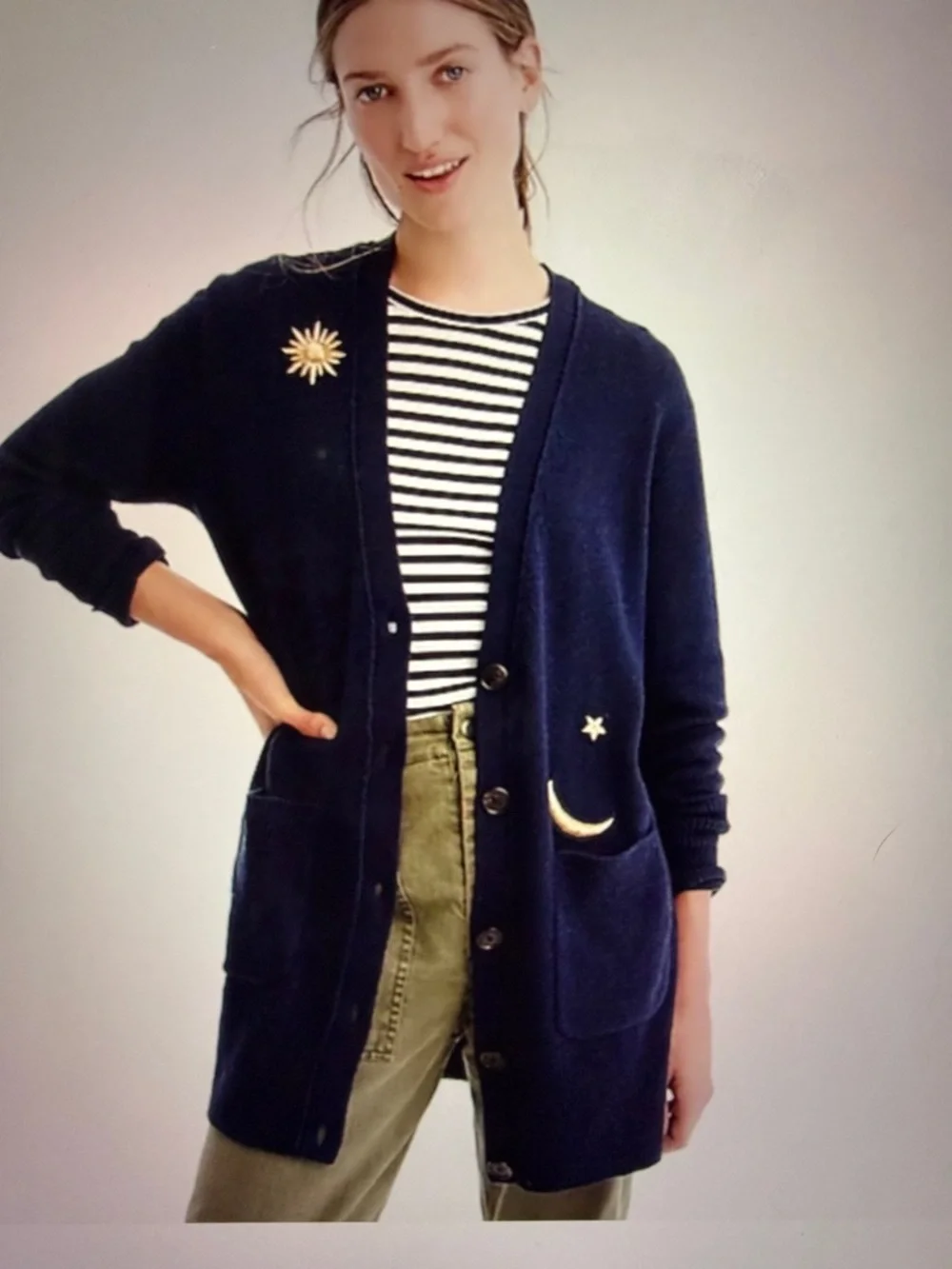 J. Crew Navy Cardigan with Cosmic Moons and Stars Embroidery, XXS